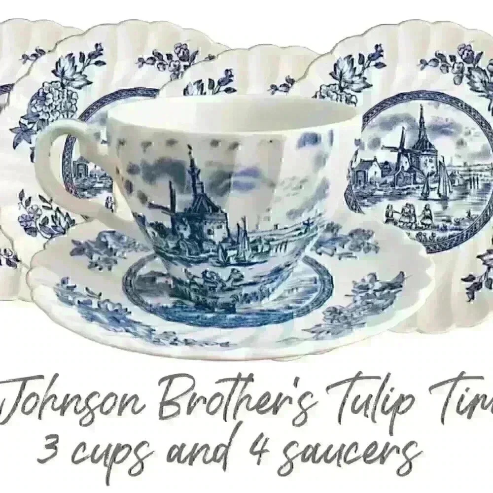 Johnson Brothers Tulip time delft style 3 cups and  4 saucers.